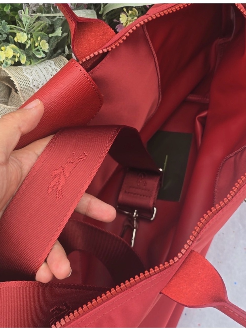 Longchamp Neo Leather-Trim Convertible Top Handle Bag Color Dark red